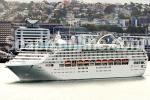 ID 5946 SUN PRINCESS (1999/77441grt/IMO 9000259. Renamed PACIFIC WORLD) sails from Auckland, New Zealand.